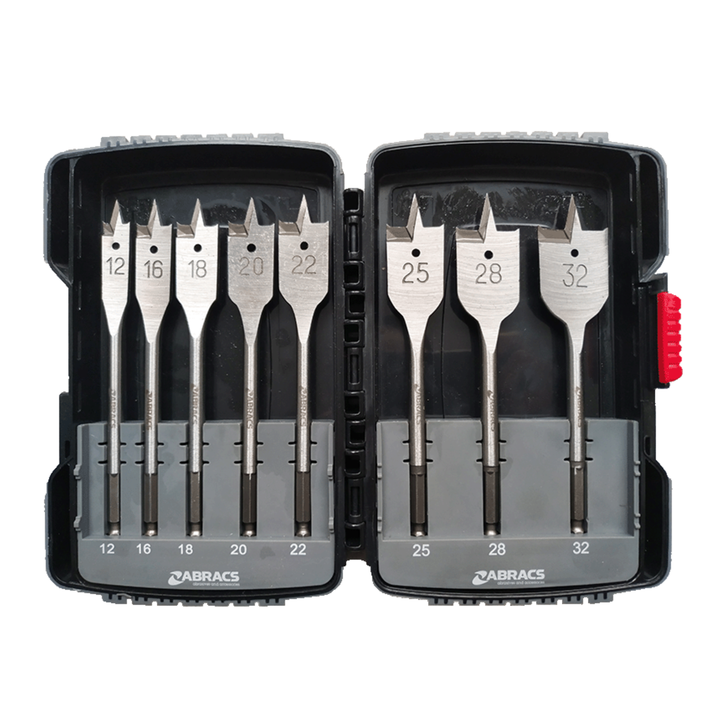 Abracs 8pc flat wood drill bit set (spade bits) 12–32mm x 159mm with hex shank for timber drilling