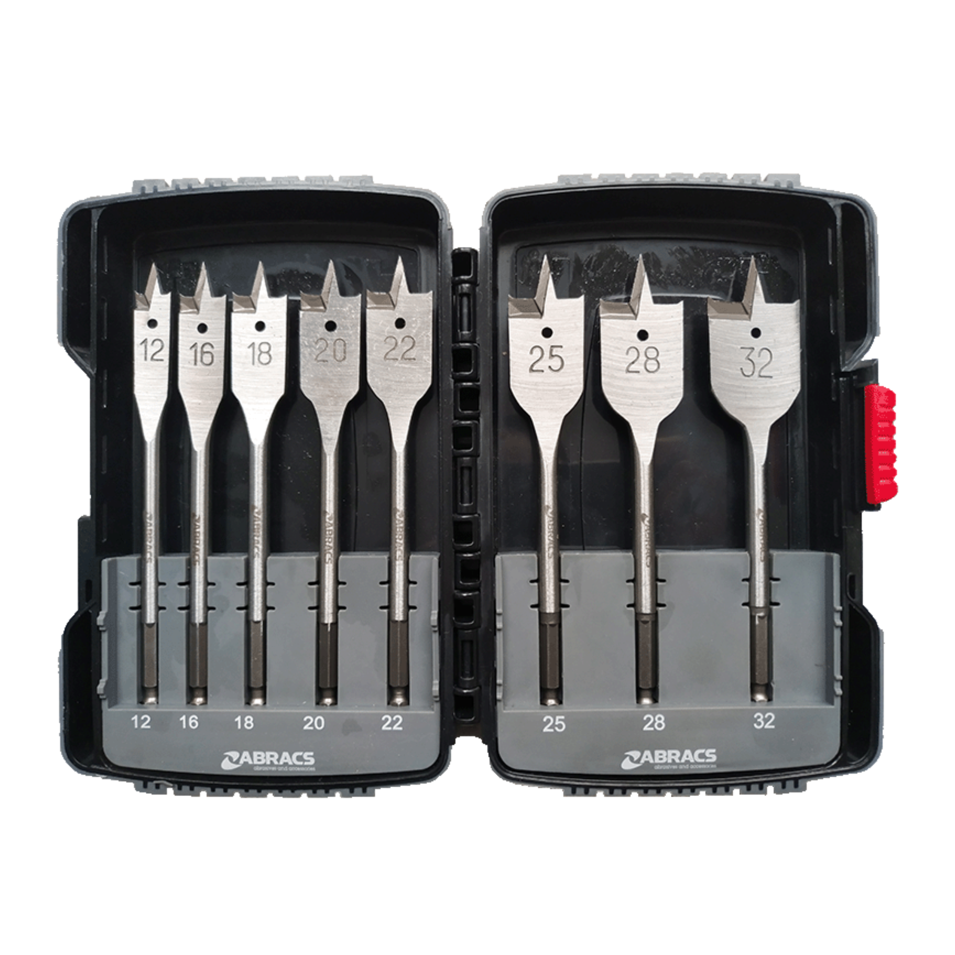 Abracs 8pc flat wood drill bit set (spade bits) 12–32mm x 159mm with hex shank for timber drilling