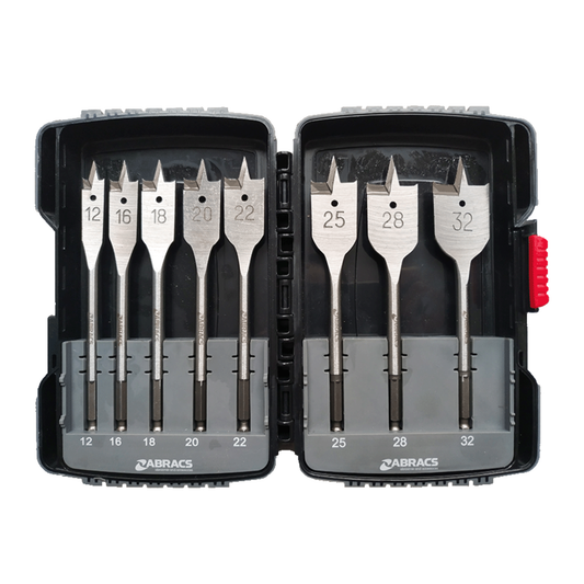 Abracs 8pc flat wood drill bit set (spade bits) 12–32mm x 159mm with hex shank for timber drilling