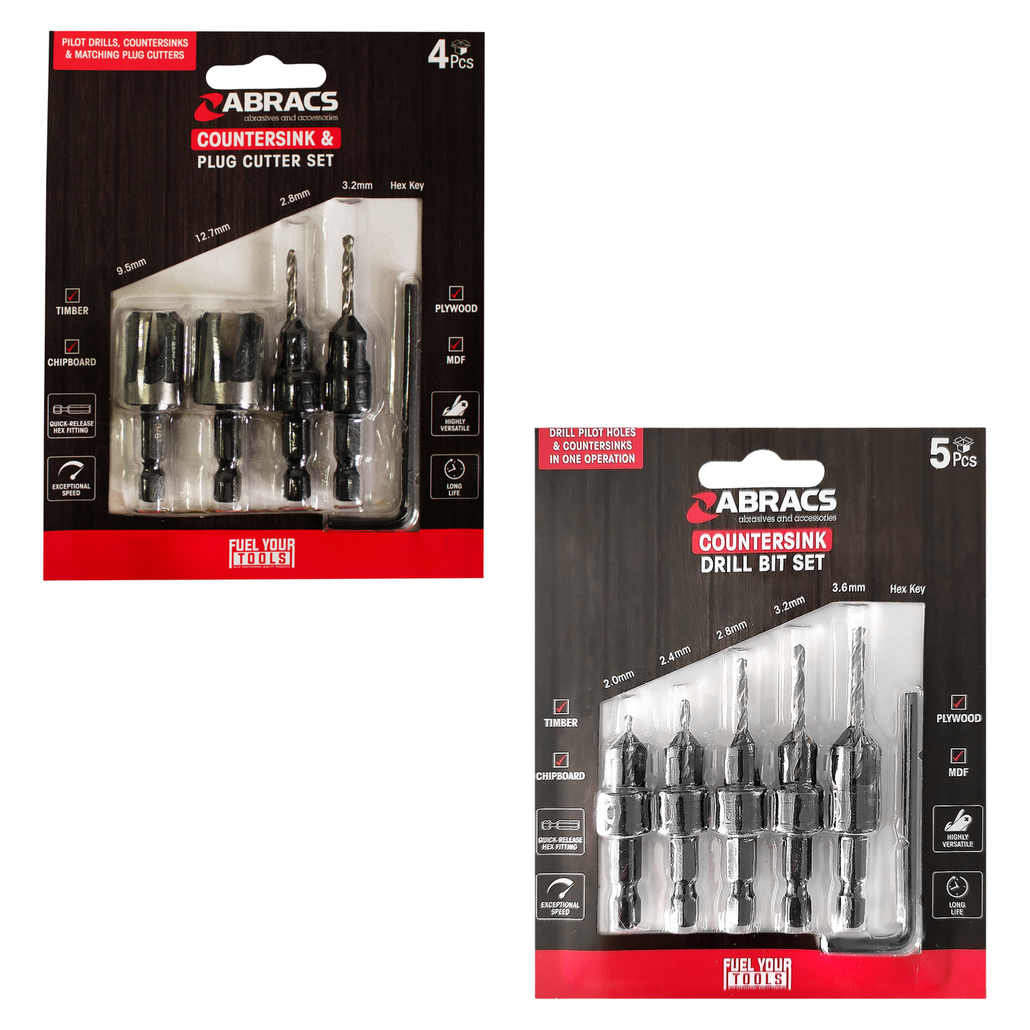 Abracs countersink drill bit sets for woodwork – choose 4 piece plug cutter set or 5 piece countersink and drill bit set