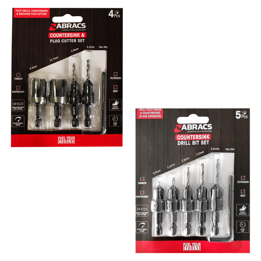 Abracs countersink drill bit sets for woodwork – choose 4 piece plug cutter set or 5 piece countersink and drill bit set