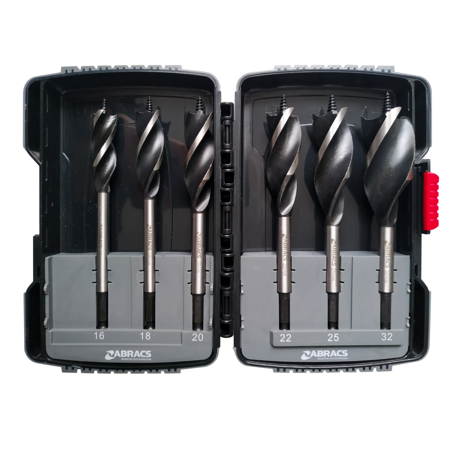 Abracs 6-piece speed auger drill bit set in case (16, 18, 20, 22, 25 and 32mm), 159mm length, hex shank wood bits