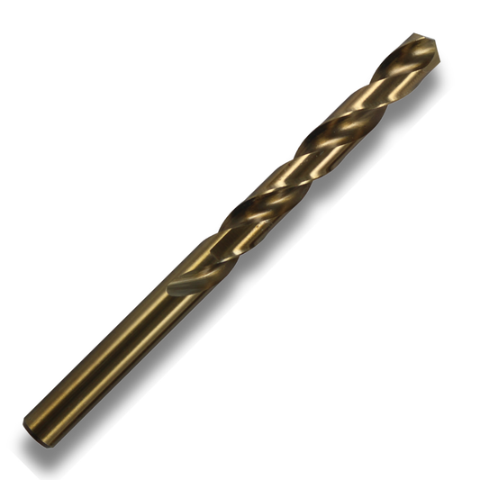 Close-up of a twist drill bit for metal drilling with split-point tip.