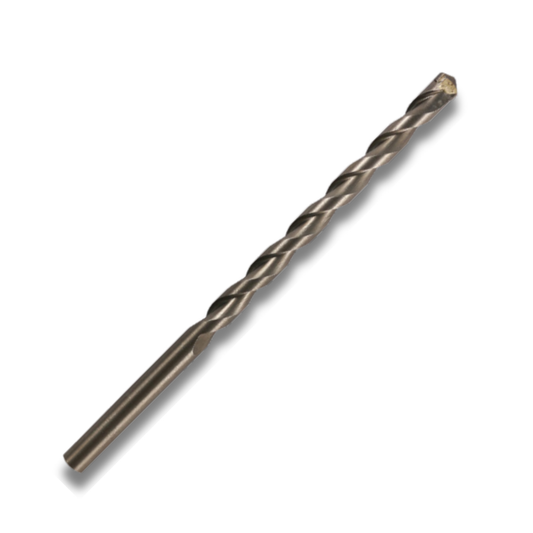 Percussion masonry drill bits with carbide tips for drilling concrete, brick and stone, sizes 5–20mm in 85–400mm lengths